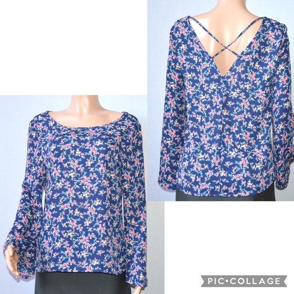 Wishful Park Tops - Wishful Park Navy Floral Flowy Pullover Top with Bell Sleeves – Size M